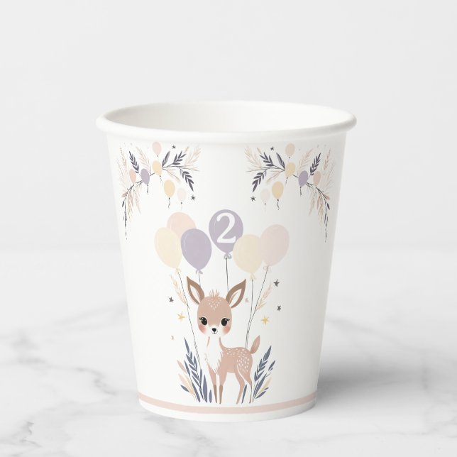 Pastel Boho Fawn und Balloons Geburtstag Pappbecher (Vorderseite)