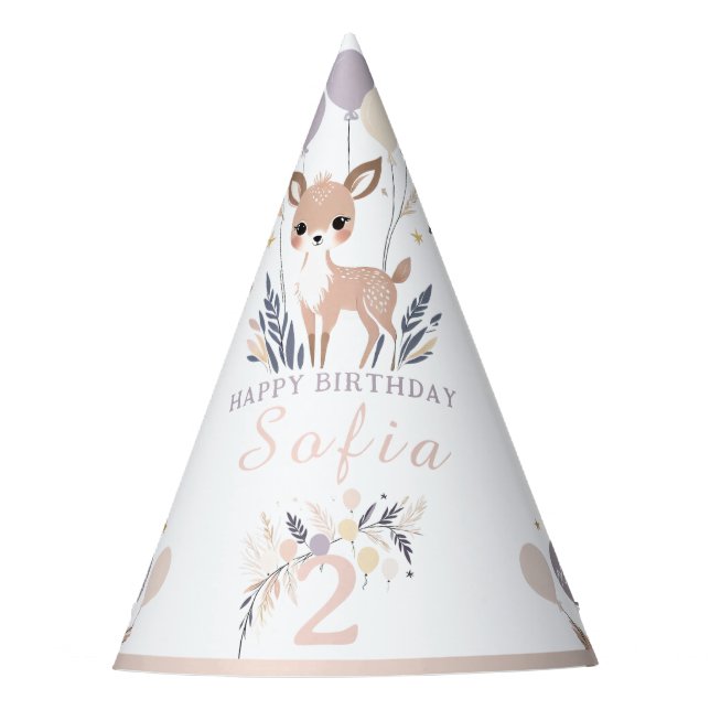 Pastel Boho Fawn und Balloons Geburtstag Partyhütchen (Vorderseite)