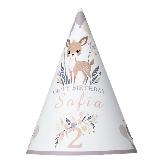 Pastel Boho Fawn und Balloons Geburtstag Partyhütchen (Vorderseite)