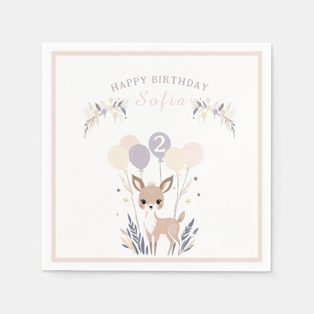 Pastel Boho Fawn und Balloons Geburtstag Serviette (Vorderseite)