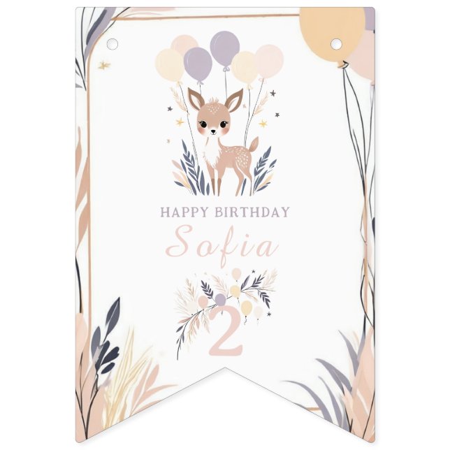 Pastel Boho Fawn und Balloons Geburtstag Wimpelkette (Erste Fahne)