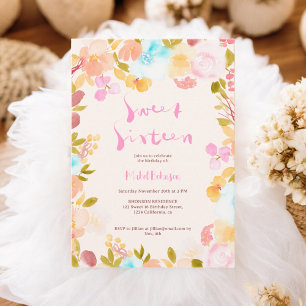 Pastel boho floral Aquarellschrift Sweet 16 Einladung