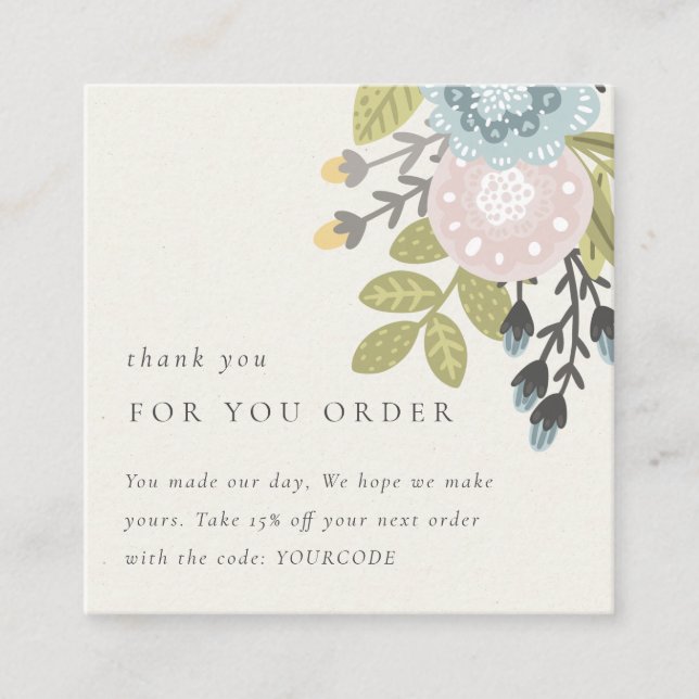 Pastel Boho Floral vielen Dank für die Ermäßigung  Quadratische Visitenkarte (Vorderseite)