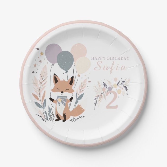 Pastel Boho Fox und Balloons zum Geburtstag Pappteller (Vorderseite)