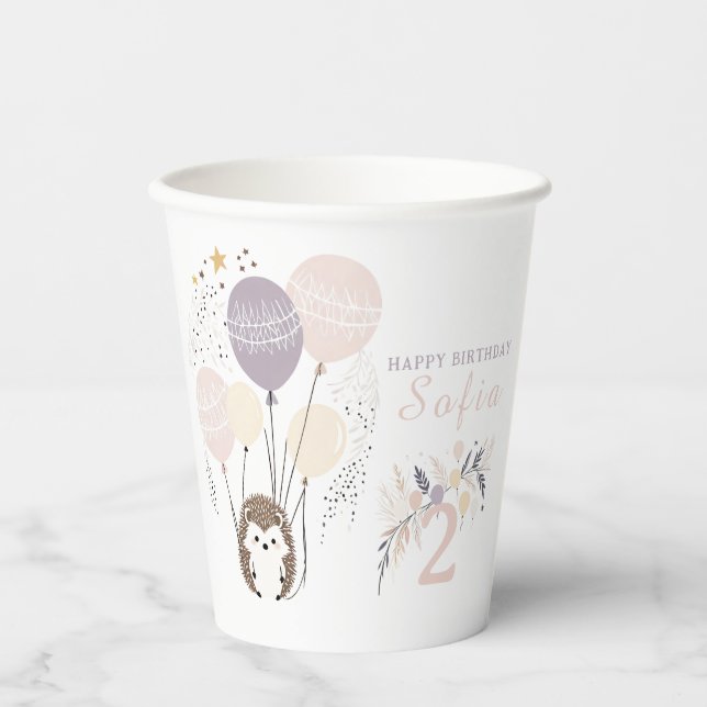 Pastel Boho Igel und Balloons Geburtstag Pappbecher (Vorderseite)