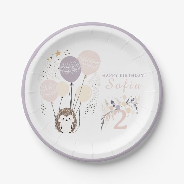 Pastel Boho Igel und Balloons Geburtstag Pappteller (Vorderseite)