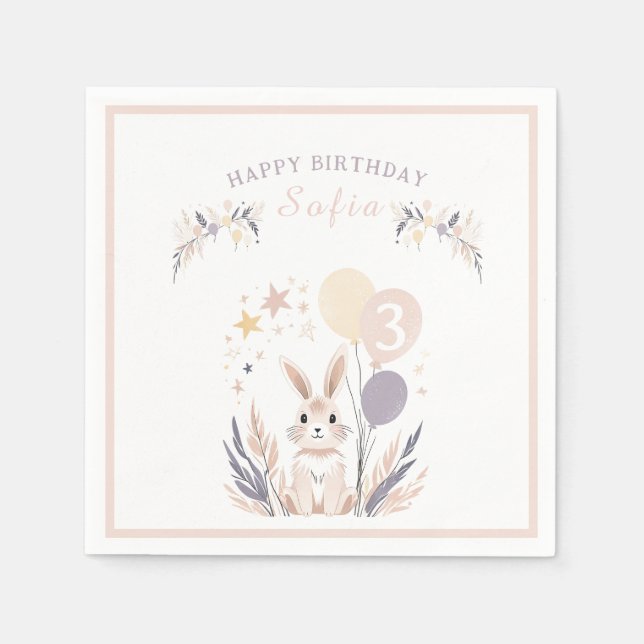 Pastel Boho Rabbit und Balloons Geburtstag Serviette (Vorderseite)