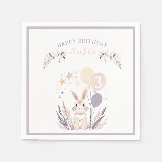 Pastel Boho Rabbit und Balloons Geburtstag Serviette (Vorderseite)