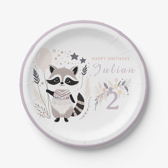 Pastel Boho Raccoon und Balloons Geburtstag Pappteller (Vorderseite)