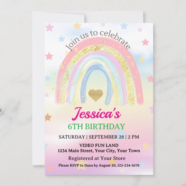 Pastel Boho Rainbow Birthday Party Einladung (Vorderseite)