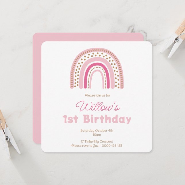 Pastel Boho Rainbow Minimalistisch Girl 1. Geburts Einladung (Vorderseite/Rückseite Beispiel)