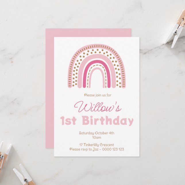 Pastel Boho Rainbow Minimalistisch Girl 1. Geburts Einladung (Vorderseite/Rückseite Beispiel)