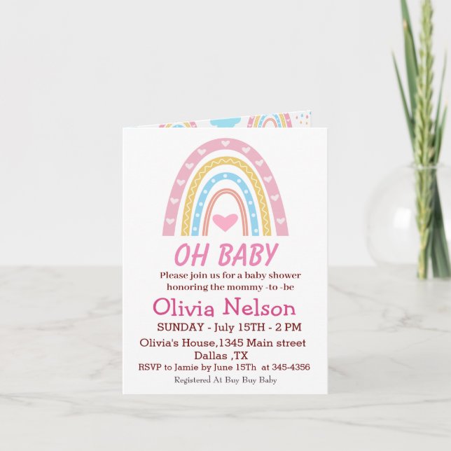 Pastel Boho Regenbogen mit Herz Oh Babydusche Einladung (Vorderseite)