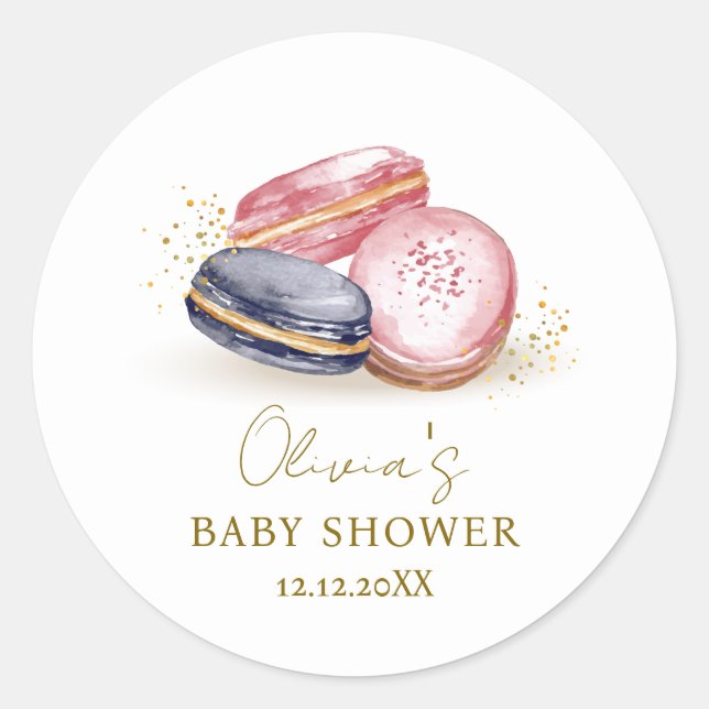 Pastel Bonjour Bébé French Macarons Babydusche Runder Aufkleber (Vorderseite)