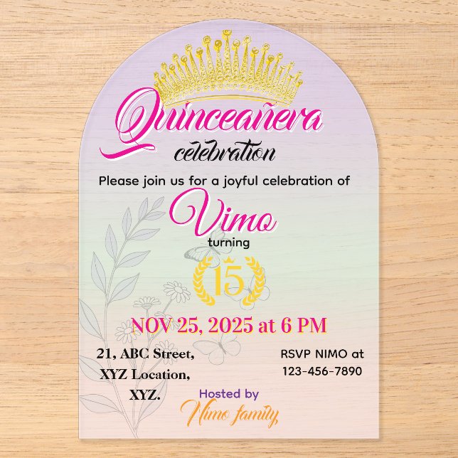 Pastel Botanical Quinceañera Acrylic Invitation Acryleinladungen (Vorderseite)