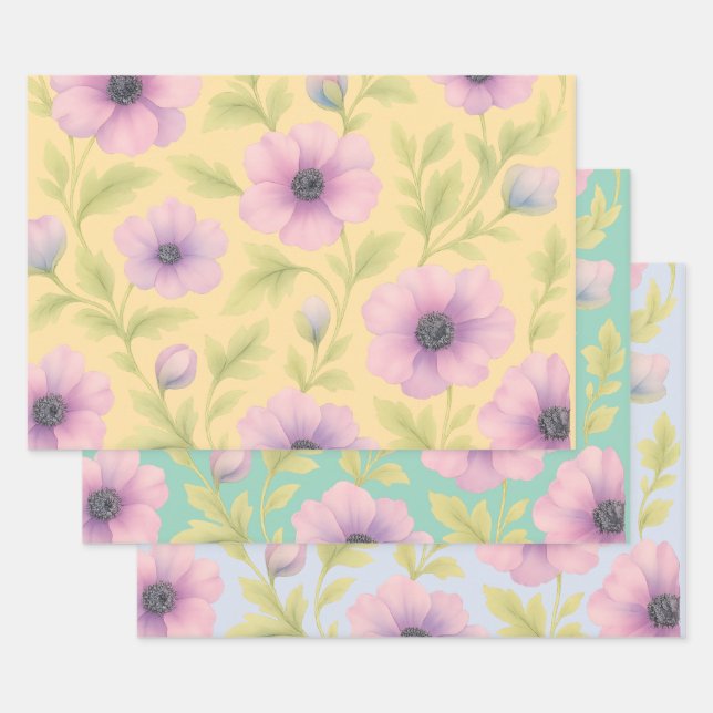 Pastel Botanical Wrapping Paper Set of 3 Geschenkpapier Set (Set)