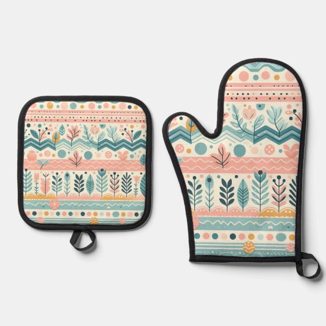Pastel Botanische Mitte Ofenhandschuh & Topflappen-Set (Vorderseite)