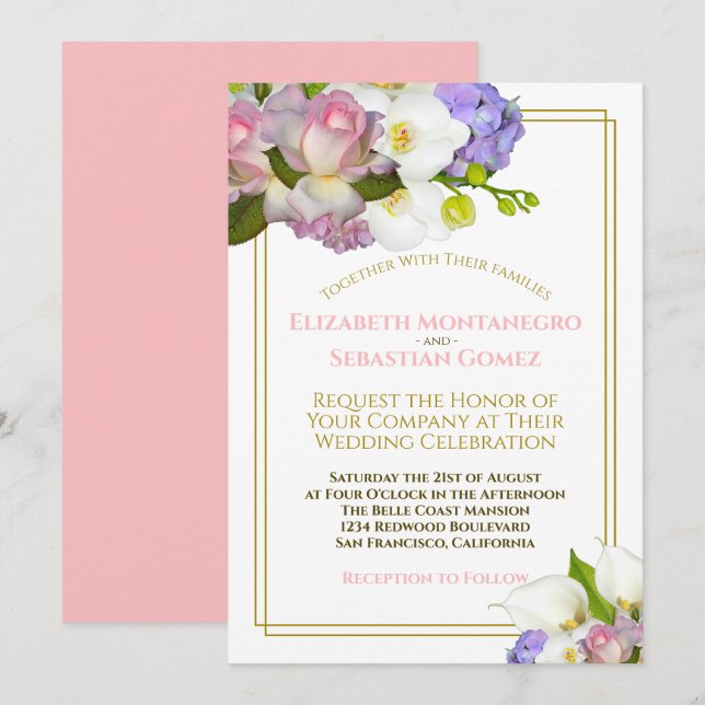 Pastel Bouquet Frühlingsblumengold und rosa Hochze Einladung (Vorne/Hinten)