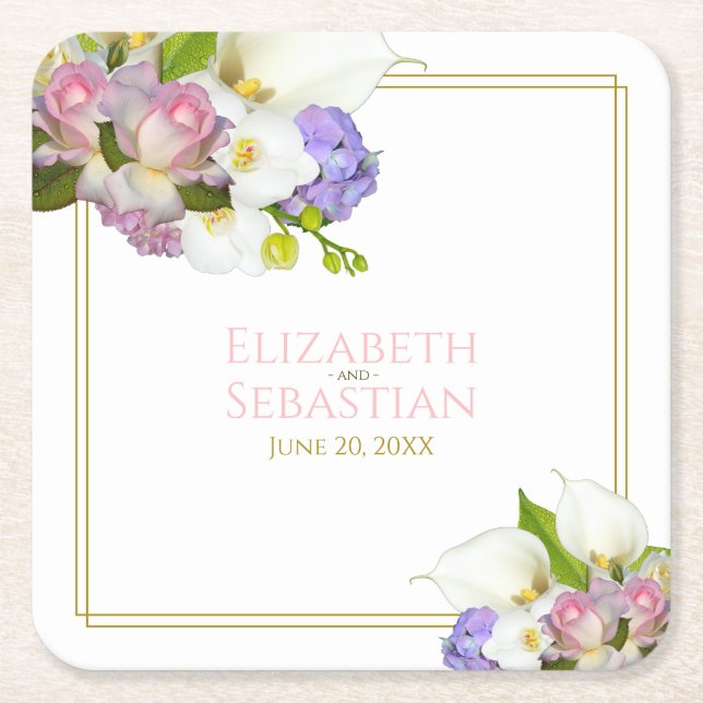 Pastel Bouquet Frühlingsblütenpink & Gold Hochzeit Rechteckiger Pappuntersetzer (Vorderseite)