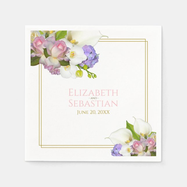 Pastel Bouquet Frühlingsblütenpink & Gold Hochzeit Serviette (Vorderseite)