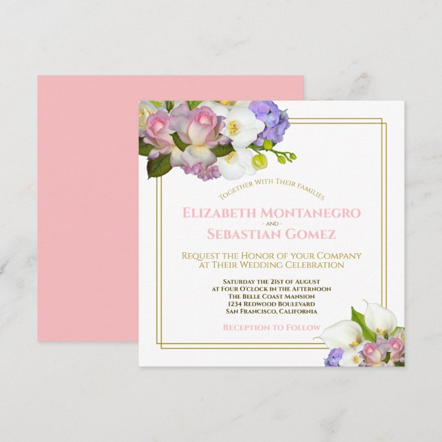 Pastel Bouquet Spring Floral Square Wedding Einladung (Vorne/Hinten)