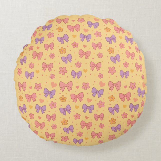 Pastel Bows & Flowers Pattern – Cute Yellow Girly  Rundes Kissen (Vorderseite)