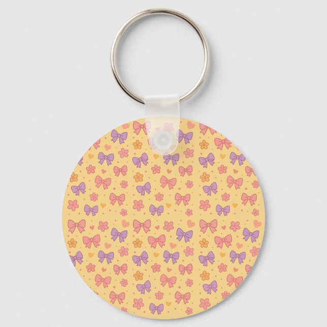 Pastel Bows & Flowers Pattern – Cute Yellow Girly  Schlüsselanhänger (Vorderseite)