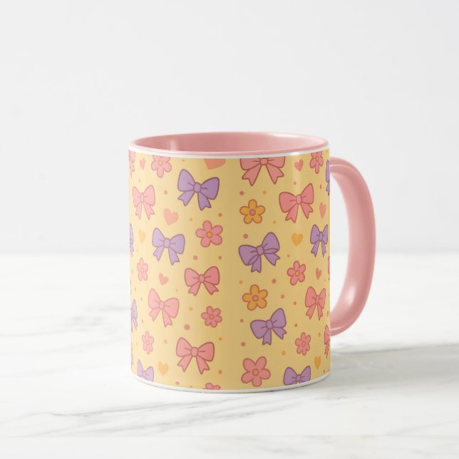 Pastel Bows & Flowers Pattern – Cute Yellow Girly Tasse (VorderseiteRechts)