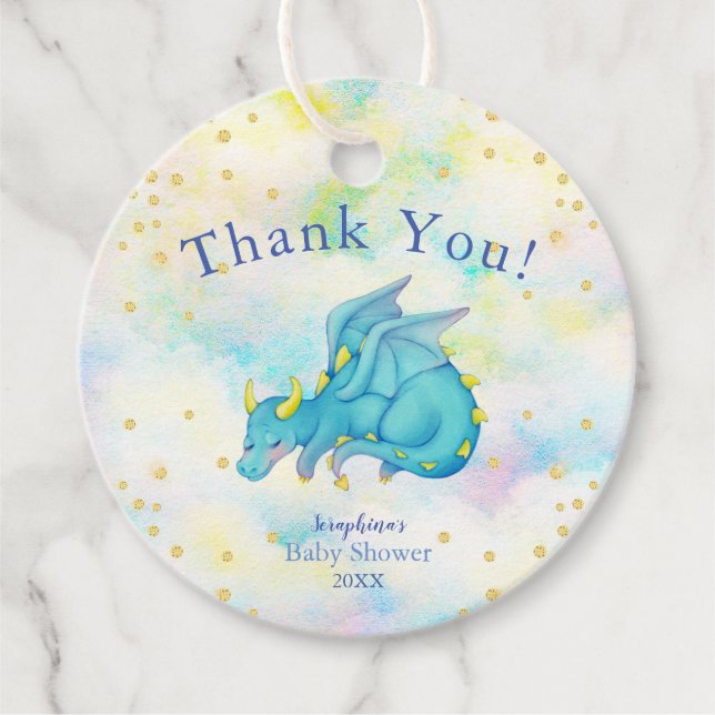 Pastel Boys Blue Dragon Baby Dusche Danke Geschenkanhänger (Vorderseite)