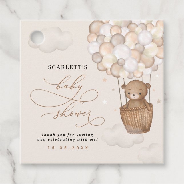 Pastel Brown Bear Heißluftballon Babydusche Geschenkanhänger (Vorderseite)