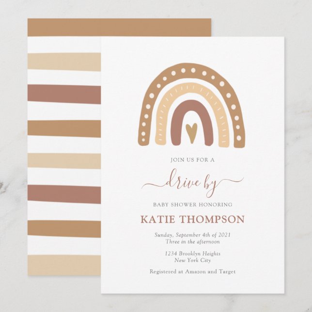 Pastel Brown Rainbow Boho Drive by Baby Shoounter Einladung (Vorne/Hinten)