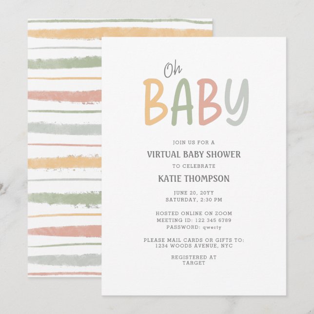 Pastel Brush Strokes Oh Baby Virtual Baby Dusche Einladung (Vorne/Hinten)