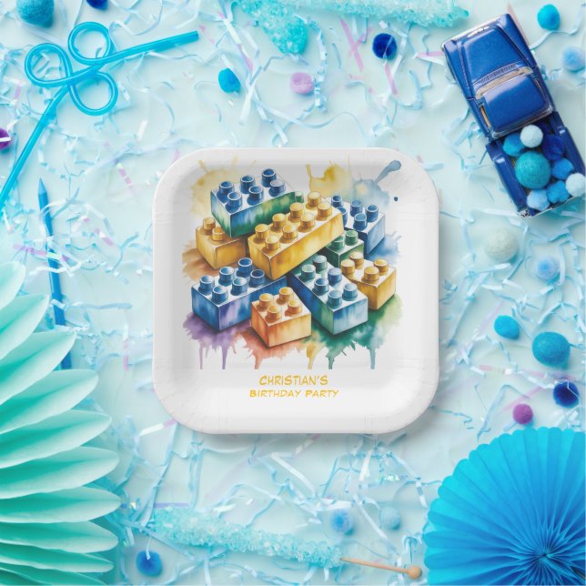 Pastel Building Block Splash Boy Birthday Party Pappteller (Party)