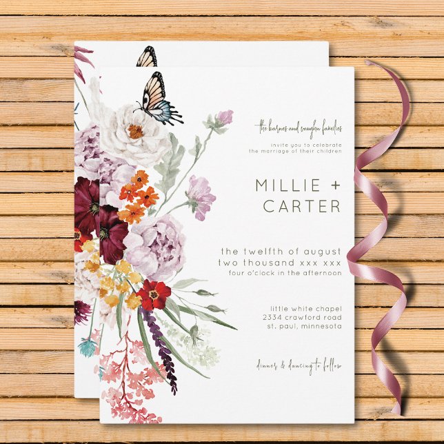 Pastel & Burgund Blooms Moderne Blumenhochzeit Einladung (Pastel & Burgundy Blooms Modern Floral Wedding Invitation)
