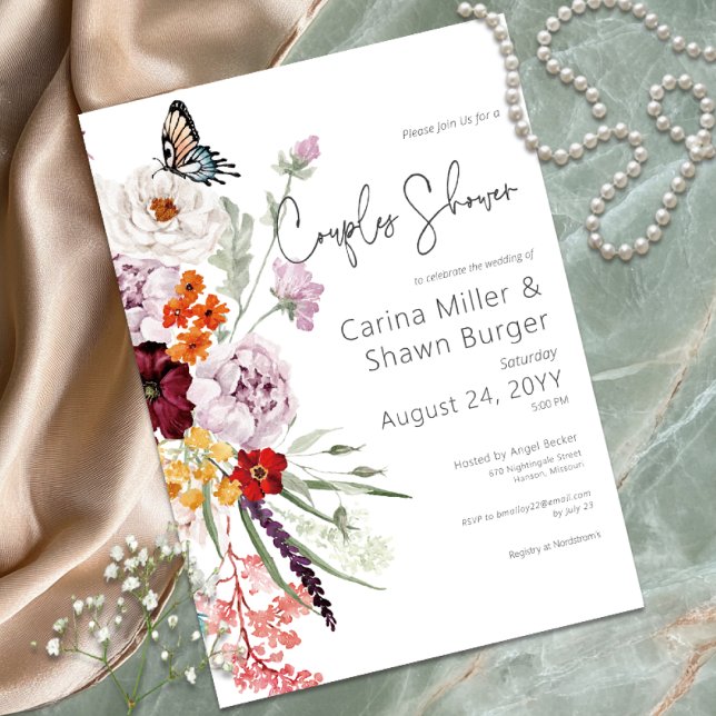 Pastel & Burgundy Blooms Blumenpaare Dusche Einladung (Pastel & Burgundy Blooms Floral Couples Shower Invitation)