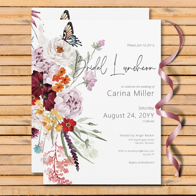 Pastel & Burgundy Blooms Floral Bridal Luncheon Einladung (Pastel & Burgundy Blooms Floral Bridal Luncheon Invitation)