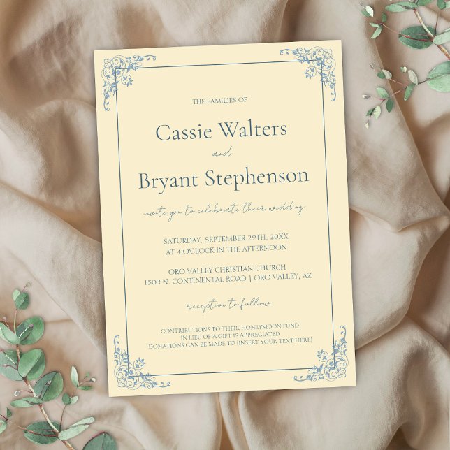 Pastel Butter Yellow Dusty Blue Minimal Wedding Einladung (Elegant butter yellow and dusty blue simple vintage wedding invitation for old money romantic event)