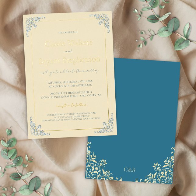 Pastel Butter Yellow Dusty Blue Minimal Wedding Folieneinladung (Butter yellow and blue with gold foil accents romantic wedding invitations cottage core elegant)