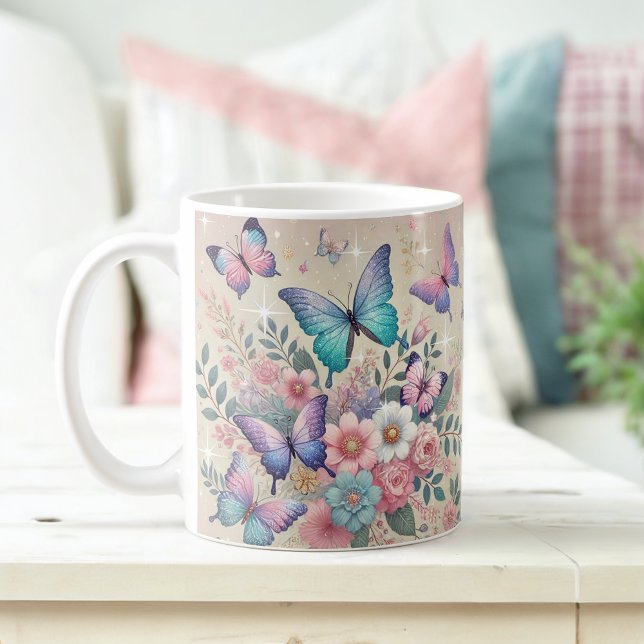 Pastel Butterflies & Glitzer Blumenfreude Kaffeetasse (Von Creator hochgeladen)