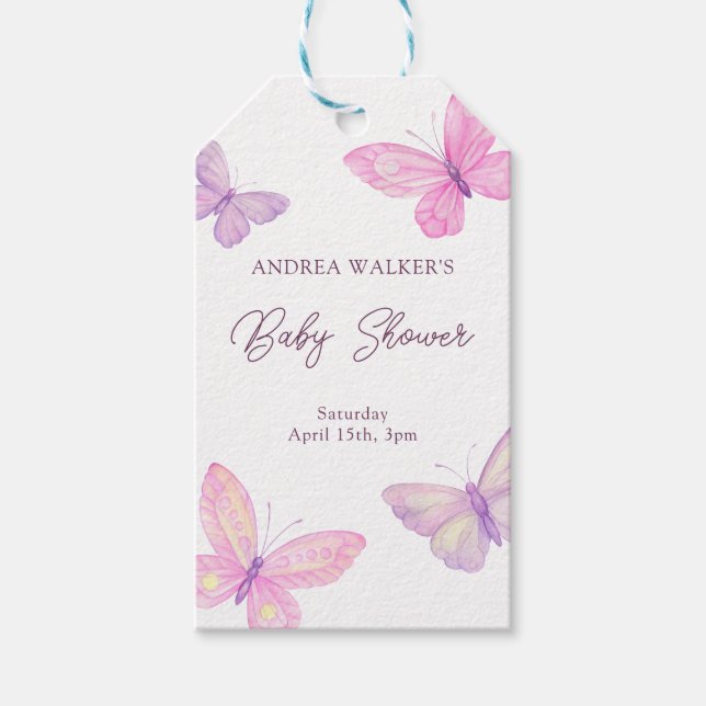 Pastel Butterflies Pink Lila Baby Dusche Geschenkanhänger (Vorderseite)