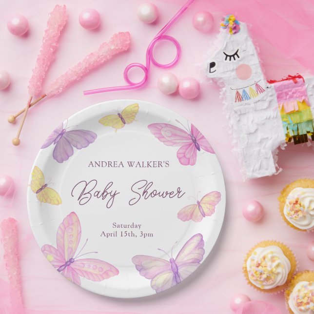 Pastel Butterflies Pink Lila Baby Dusche Pappteller (Party)