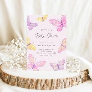 Pastel Butterflies Pink Lila Elegant Babydusche Einladung