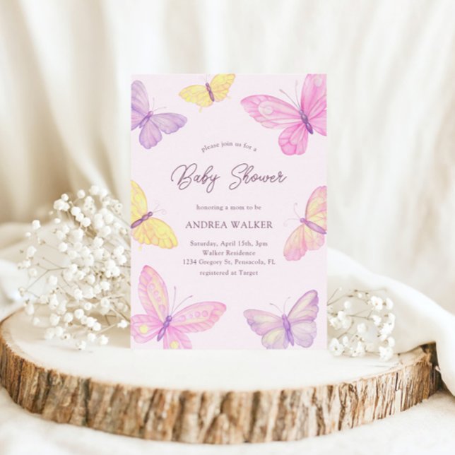 Pastel Butterflies Pink Lila Elegant Babydusche Einladung (Von Creator hochgeladen)