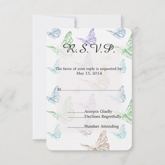 Pastel Butterflies Wedding RSVP Karte (Vorderseite)