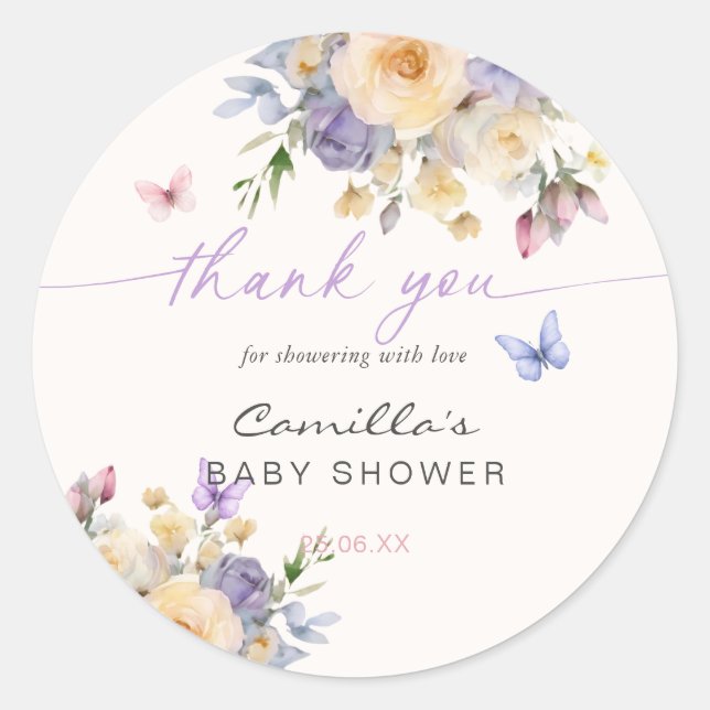 Pastel Butterfly Floral Danke Baby Dusche Runder Aufkleber (Vorderseite)