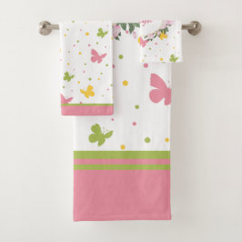 Pastel Butterfly Muster mit Blume und Namen Badhandtuch Set