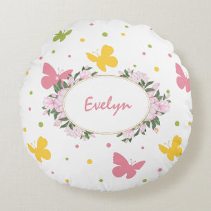 Pastel Butterfly Muster mit Blume und Namen Rundes Kissen