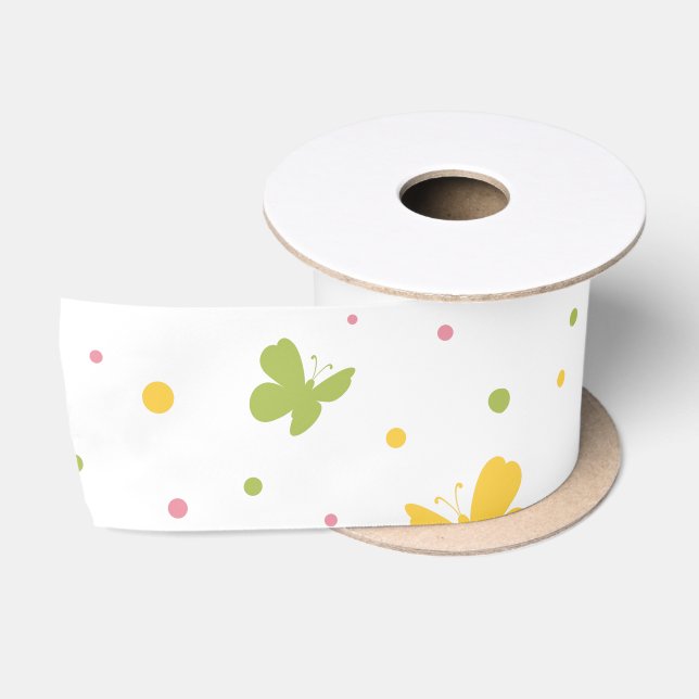 Pastel Butterfly Muster mit Blume und Namen Satinband (Spule)