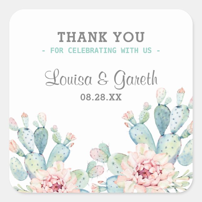 Pastel Cactus Blume Wedding Quadratischer Aufkleber (Vorderseite)