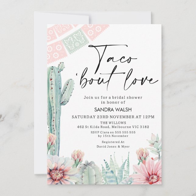 Pastel Cactus Taco 'bout Liebe Brautparty Einladung (Vorderseite)